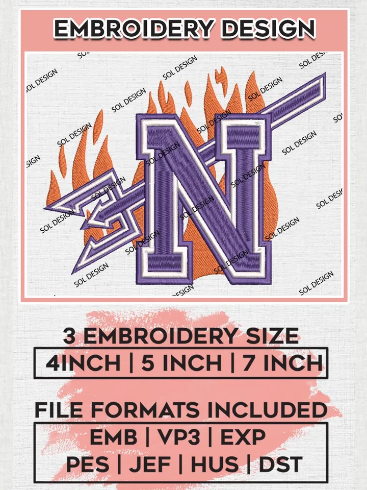 NCAA Northwestern State Demons Team Logo Embroidery Design Files, NCAA Northwestern State Demons Machine Embroidery, NCAA Teams, Game Day, 3 sizes, NCAA Machine embroidery designs, Digital Download