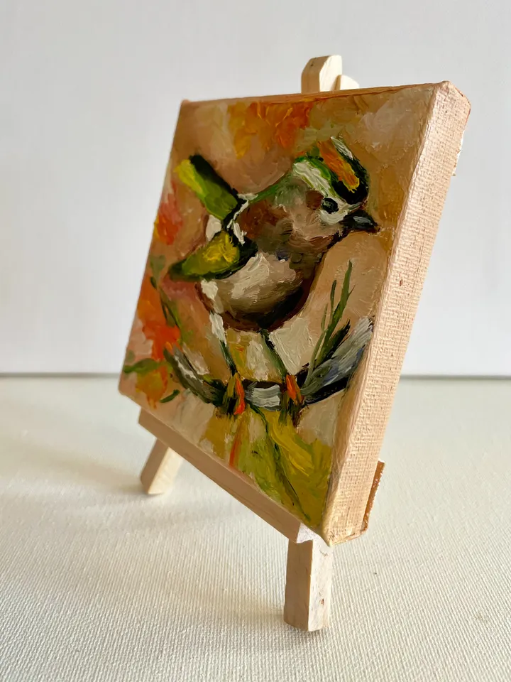 Tiny bird oil painting, Goldcrest painting, Original oil Painting on Canvas, Wildlife Art, Miniature Artwork 4"x 4"