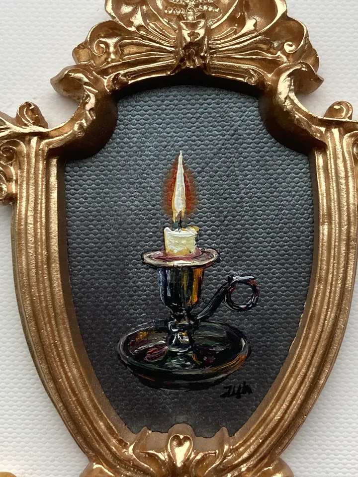 Candle Oil Painting Original In Vintage Style Frame Small Framed Still Life Art