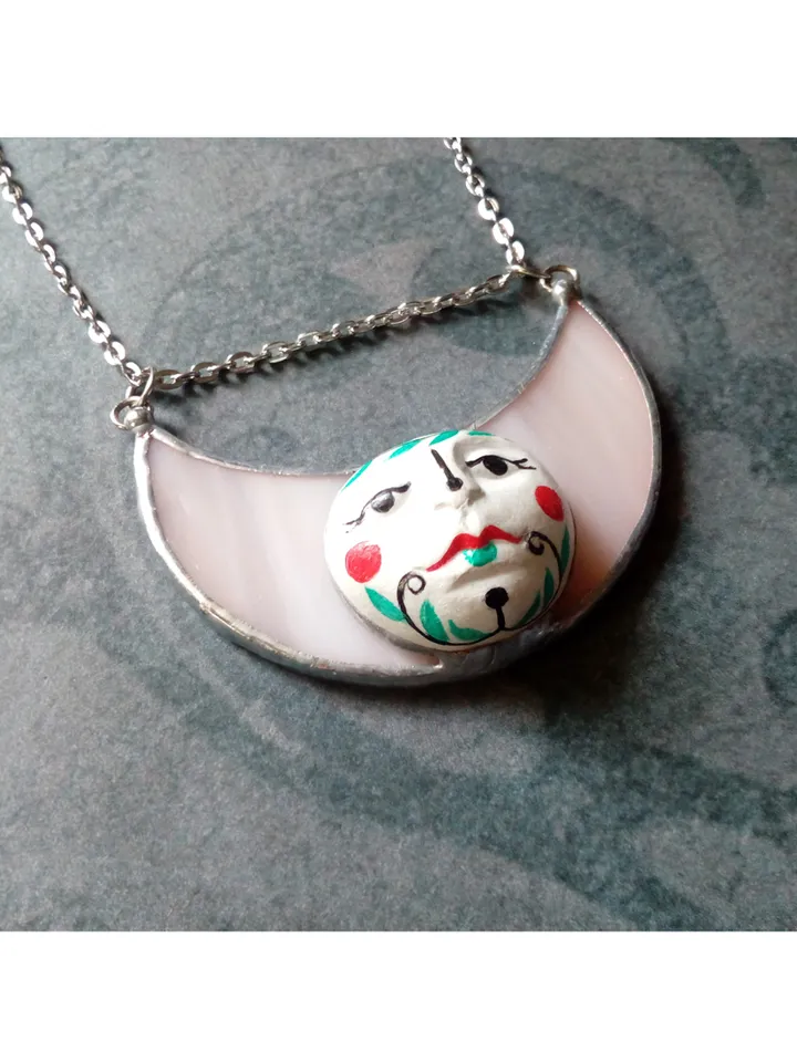 Stained glass moon, Moon Goddess, Moon phase necklace, Stainglass crescent, Full moon pendant, Moon face necklace