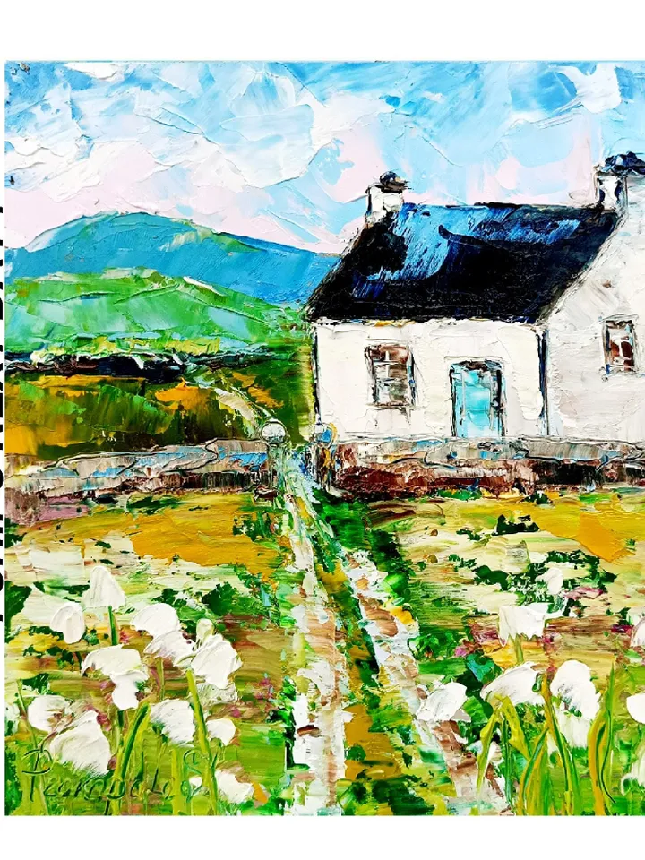 Ireland Painting White Cottage Original Art Abstract Landscape Impasto Oil Painting Small Gifts Cheap Original Art Gifts by ArtProkopaloSv
