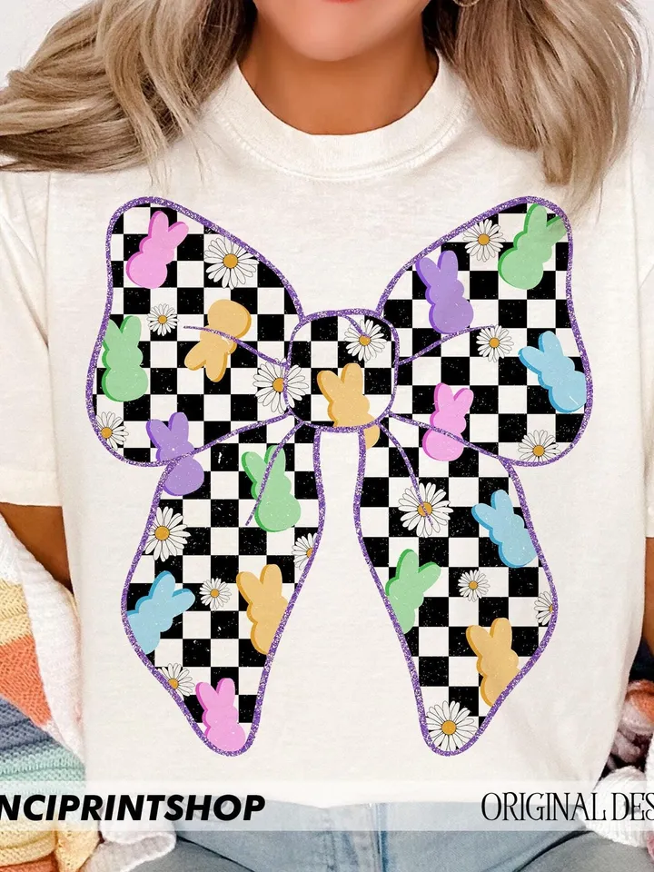 Checkered easter bow png, Easter Coquette Bow png, Easter png, Easter Bunny png, Retro Easter png, Floral Spring bow png, Easter shirt png