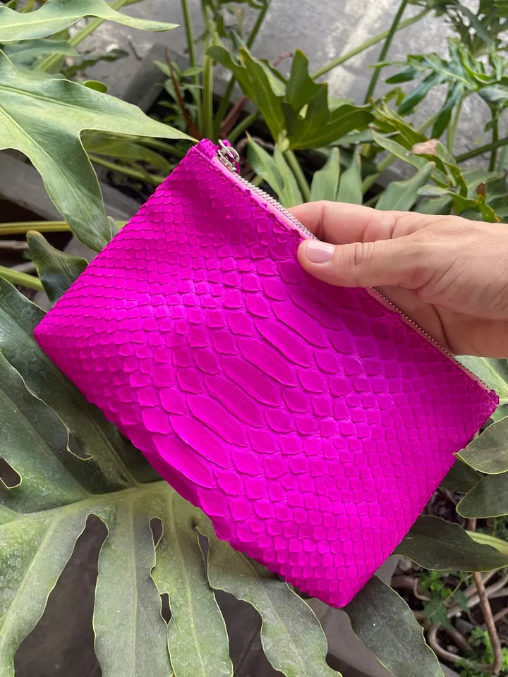Genuine python skin hot pink cosmetic bag/ Purse Insert Organizer/ Bag Insert For Tote Bag/ exotic leather wallet / small snake skin clutch
