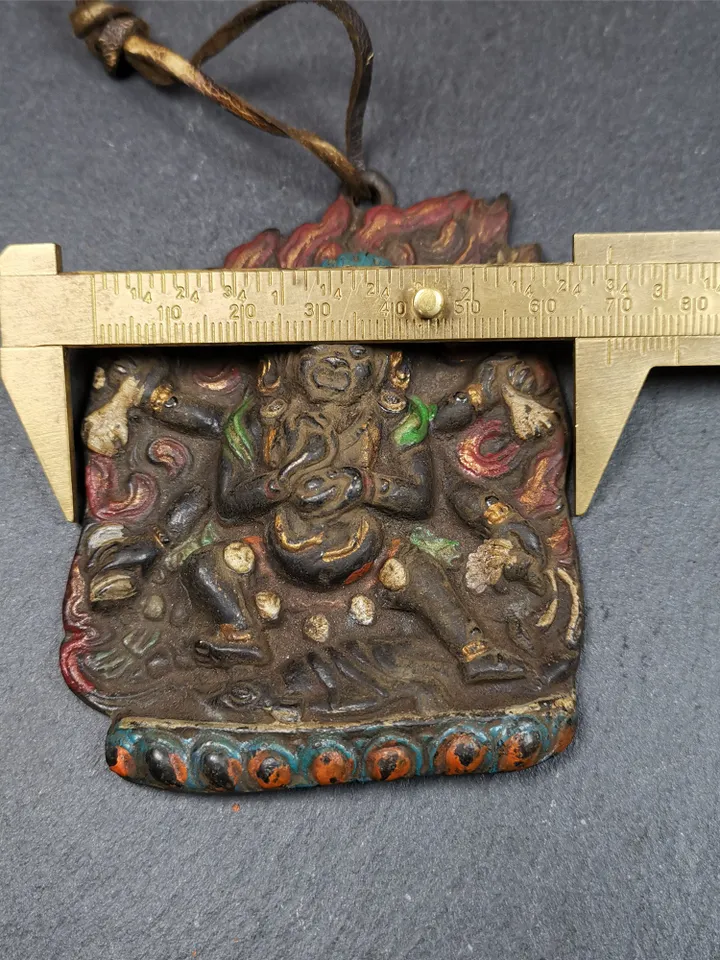 Gandhanra Antique Tibetan Buddha Statue,Mahakala Amulet Badge, Buddhist Protector Deity, Made of Thokcha
