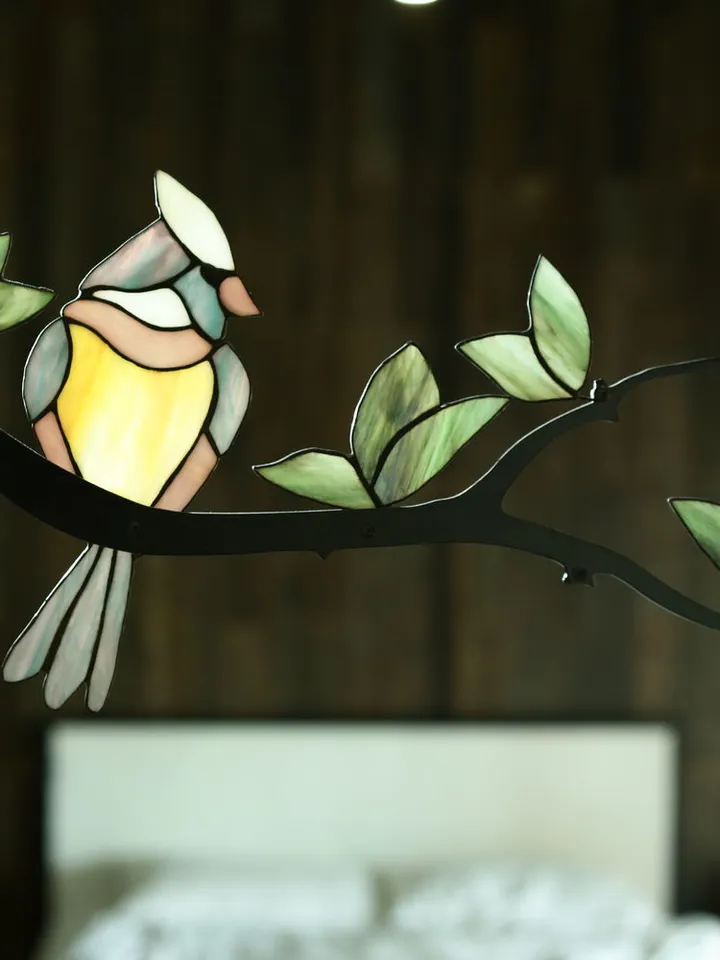 Cardinal Branch, Cardinal Stained Glass Branch, Stained Glass Art with Cardinal, Handcrafted Cardinal Wall Decor, Forest-Inspired Stained Glass Panel, Artistic Cardinal Glass Ornament, Handmade Stained Glass Cardinal Branch, Wall-Mounted Stained Glass
