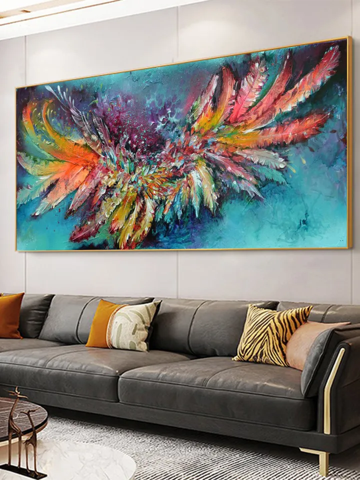 Original Painting On Cnavas, Abstract Colorful Feathers Painting, Boho Wall Decor, Large Wall Art, Modern Art, Office Living room Wall Decor