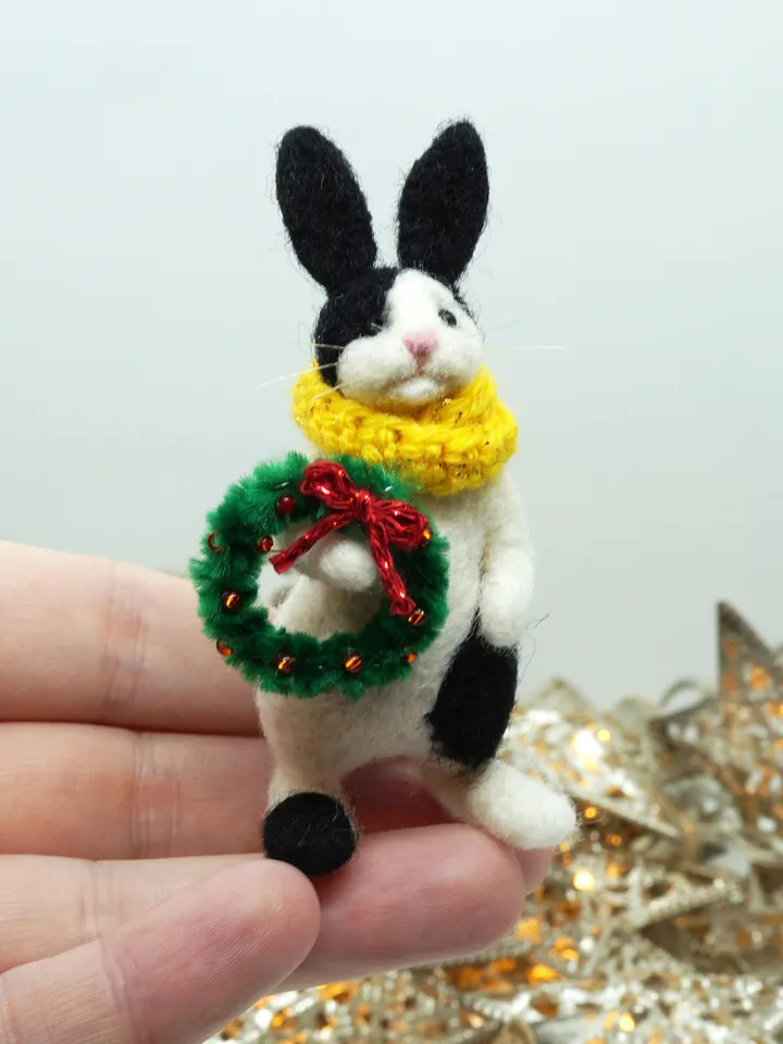 Cuddles the rabbit, needle felted black and white rabbit, Christmas gift, ships from the US
