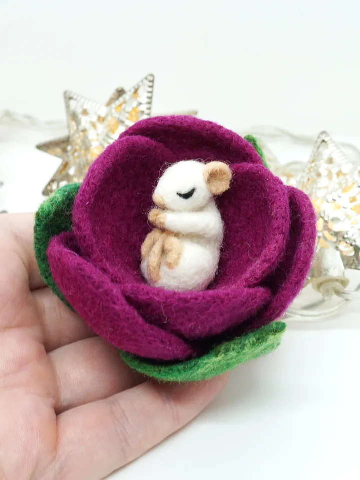 Miniature needle felted mouse sleeping in a purple flower, baby mouse, white mouse, made to order