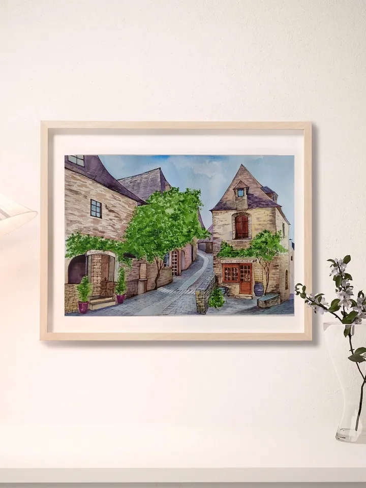 Beynac et Cazenac Village Painting French Village Landscape Artwork Original Watercolor Art 11.81x15.74 in by SoftWaves