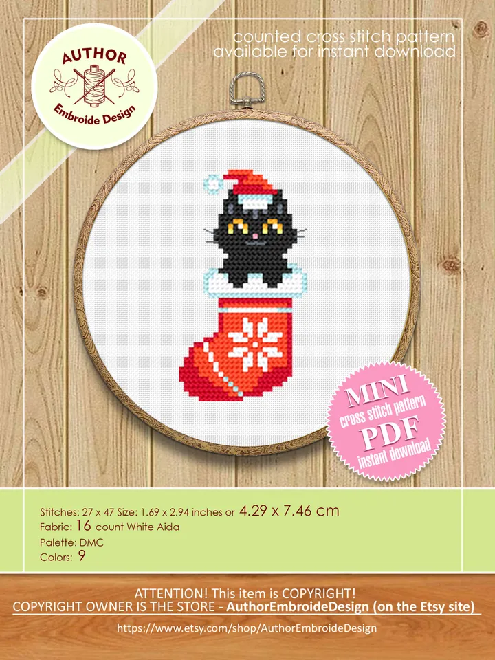 Set Christmas cats cross stitch pattern download PDF, Cute black cat embroidery PDF, Christmas small cross stitch, Funny home cat decor #N79