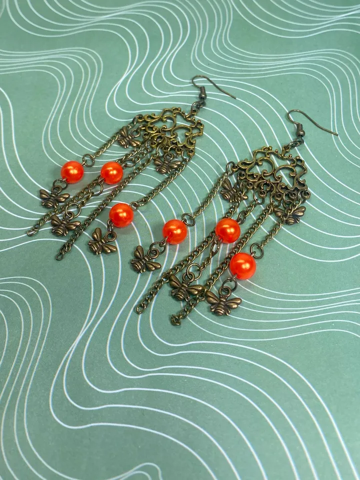 Vintage earrings with fly pendants. Interesting design. Handmade.