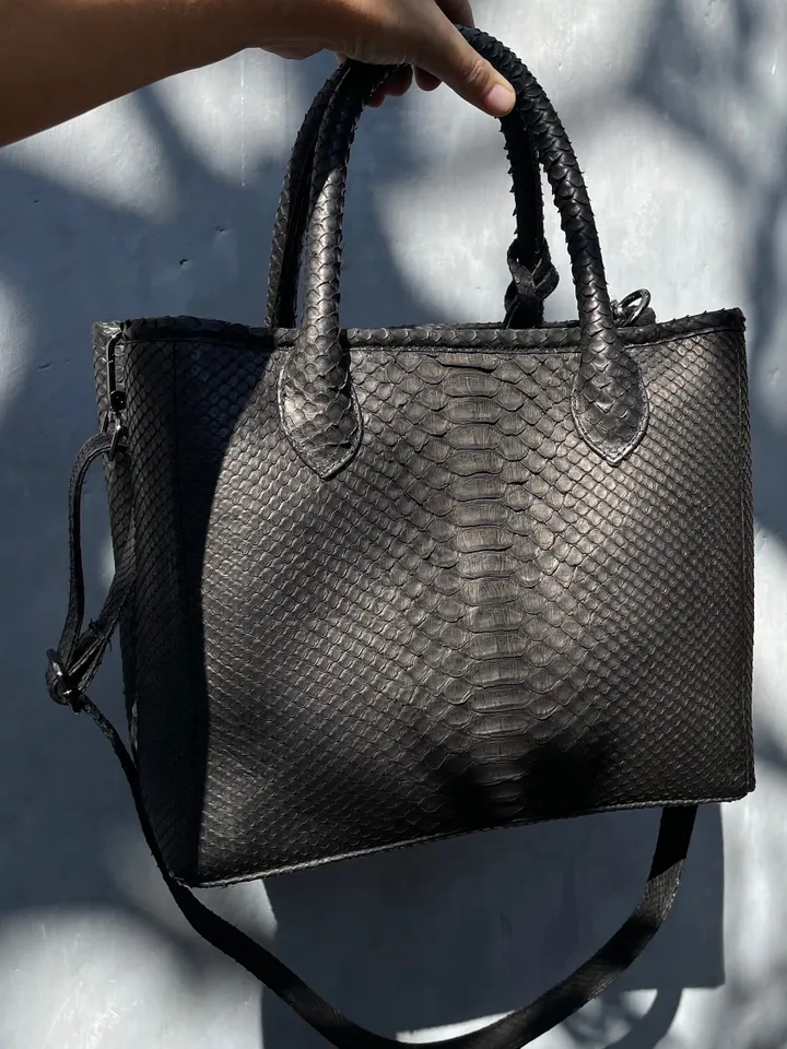 Genuine python skin big classy black bag / elegant women purse / designer leather bag / exotic leather bags