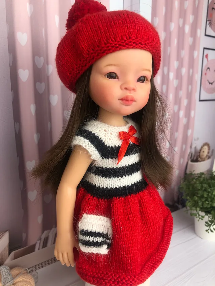 Paola Reina Doll 4 ITEMS Set: Exclusive Handmade Outfit - Beret, Dress, Tights, Shoes - Paris Collection