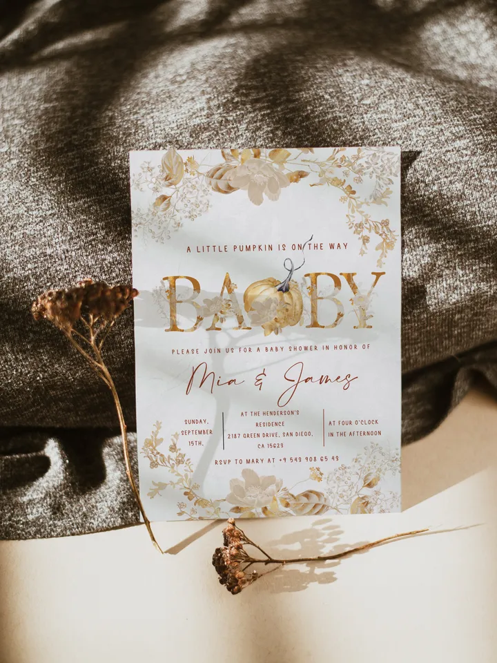 Rustic Autumn Baby Shower Invitation; Boho Flowers Baby shower; Little Pumpkin baby shower; editable template canva; Fall; Autumn; Pumpkin