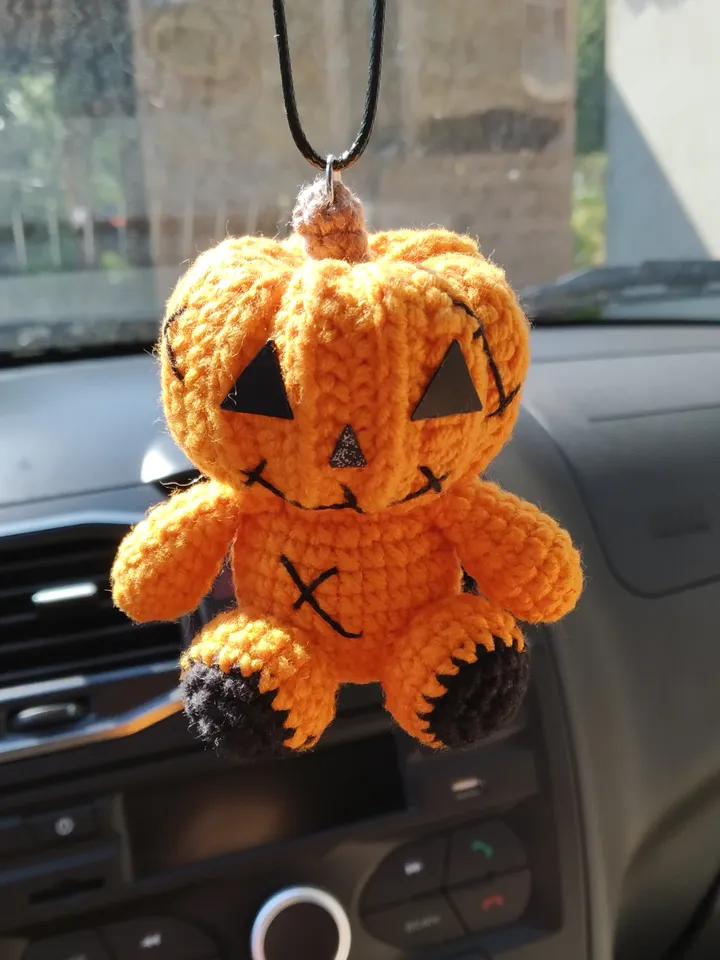 Plush Pumpkin Car Accessory, Halloween Car decor, Hanging Car interior, Rearview Mirror Keychain, Creepy Cute Plushie, stuffed pumpkin, goth car charm, kawaii car decor, gift for a guy