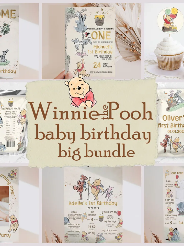 DIY Winnie Pooh Birthday Bundle; Editable 1st Birthday Party Template; Winnie the Pooh Birthday Party; Pooh Birthday Party Decoration; wpg13