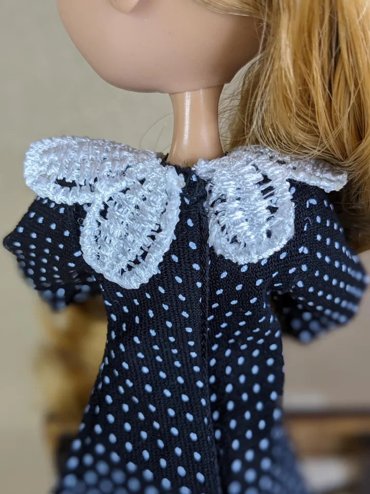 Handmade polka dot black mini dress for 10.5-inch female dolls (MH, EAH)