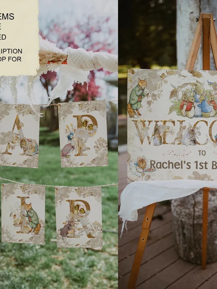Editable Photo Banner one year garland Peter Rabbit First Birthday Photo Banner Garland; tale of Peter Rabbit Party; Instant Download; pr1