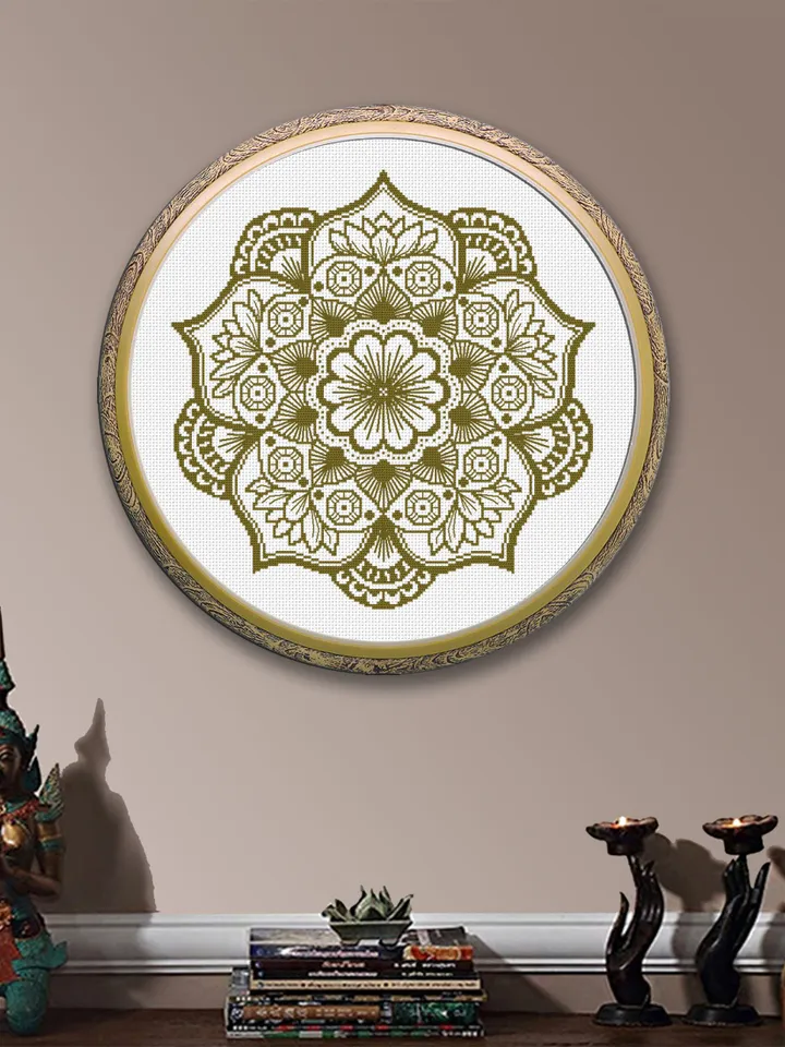 Lotus mandala cross stitch pattern download PDF, Monochrome mandala ornament, Lotus flower cross stitch chart, Mandala pattern PDF #M190