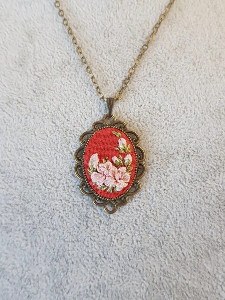 Ribbon embroidered pendant for her, handmade jewelry, art 44