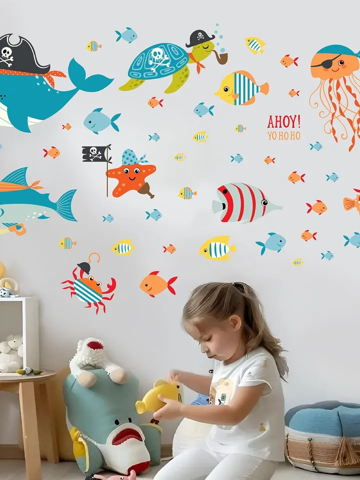 Pirate fish Wall Decal Ocean Sea Underwater Bathroom Kids Stickers el9