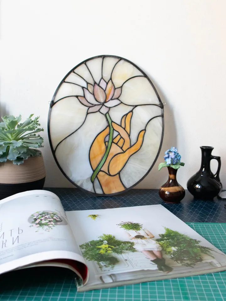 Stained glass window panel, Panel with lotus, Suncatcher, Home décor