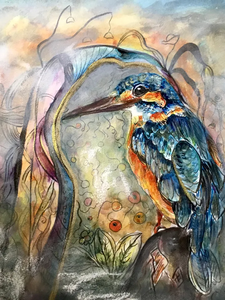 Kingfisher bird original watercolour mix media painting on watercolour paper,birds painting original wall art,interier decoration,gift.