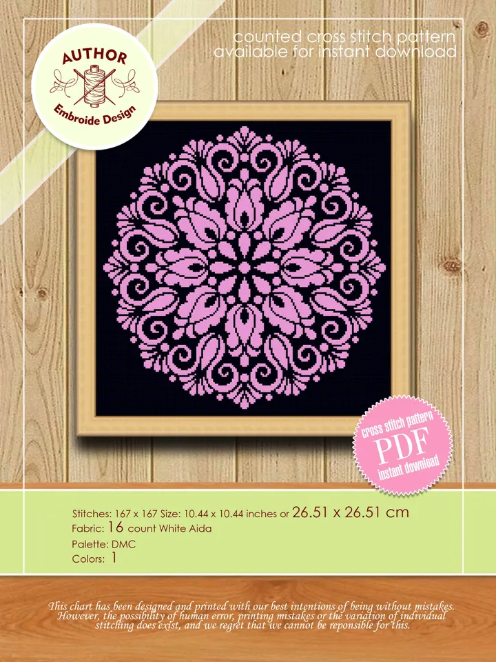 Mandala cross stitch pattern download PDF, Monochrome mandala hand embroidery PDF, Floral ornament cross stitch, Quick beginner stitch #M128