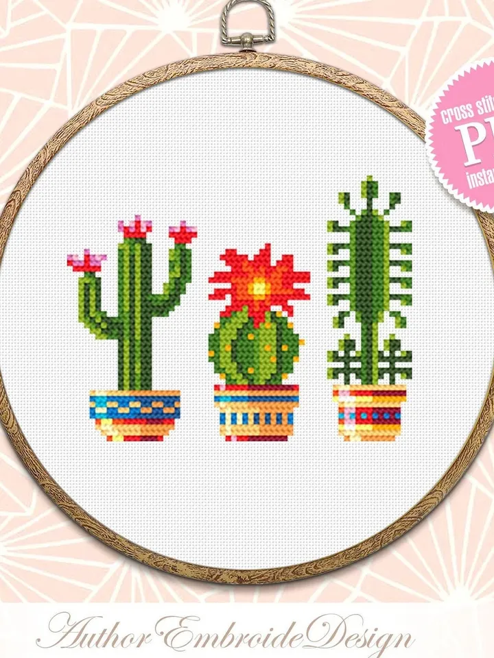 Cactus plant cross stitch pattern PDF download, Easy small cross stitch chart, Floral cross stitch sampler, Blooming cactus embroidery #P23