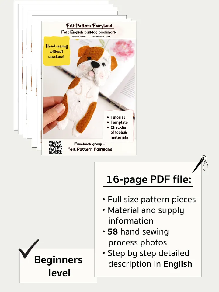 Felt long English bulldog bookmark hand sewing PDF tutorial with patterns. DIY dog breed bookmark. Book and pets lover gift. Felt school supplies
