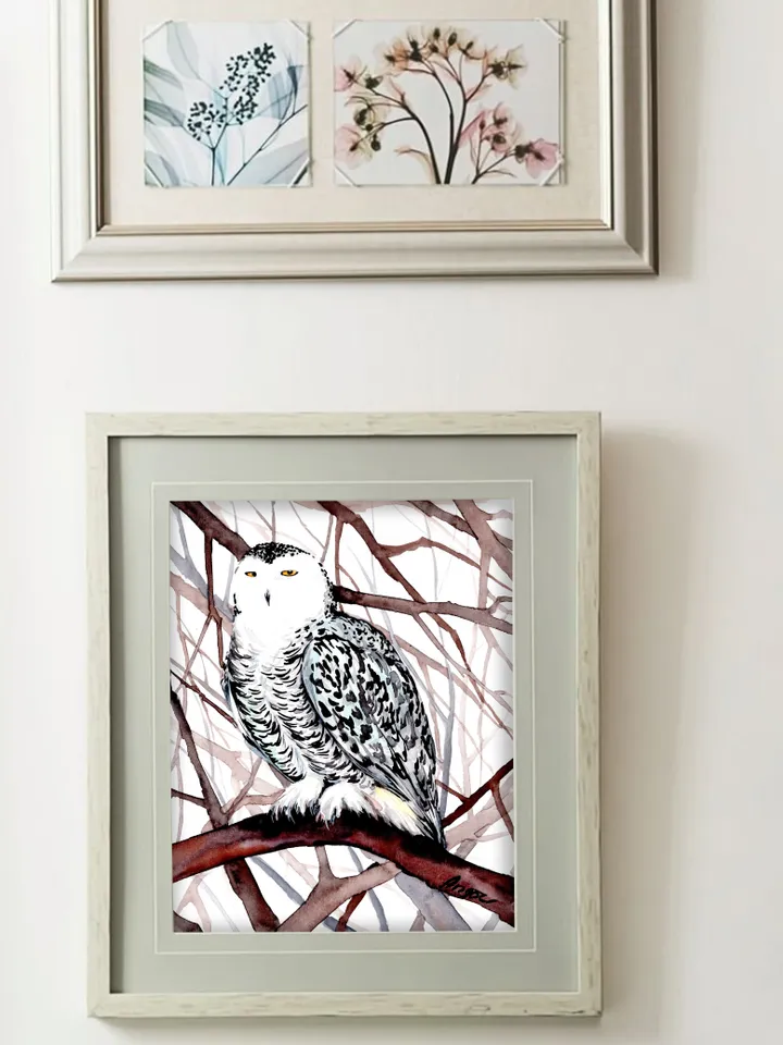 White Owl Original watercolor, bird painting, wall decor, birds lover gift, 8x11 in handmade art by Anne Gorywine
