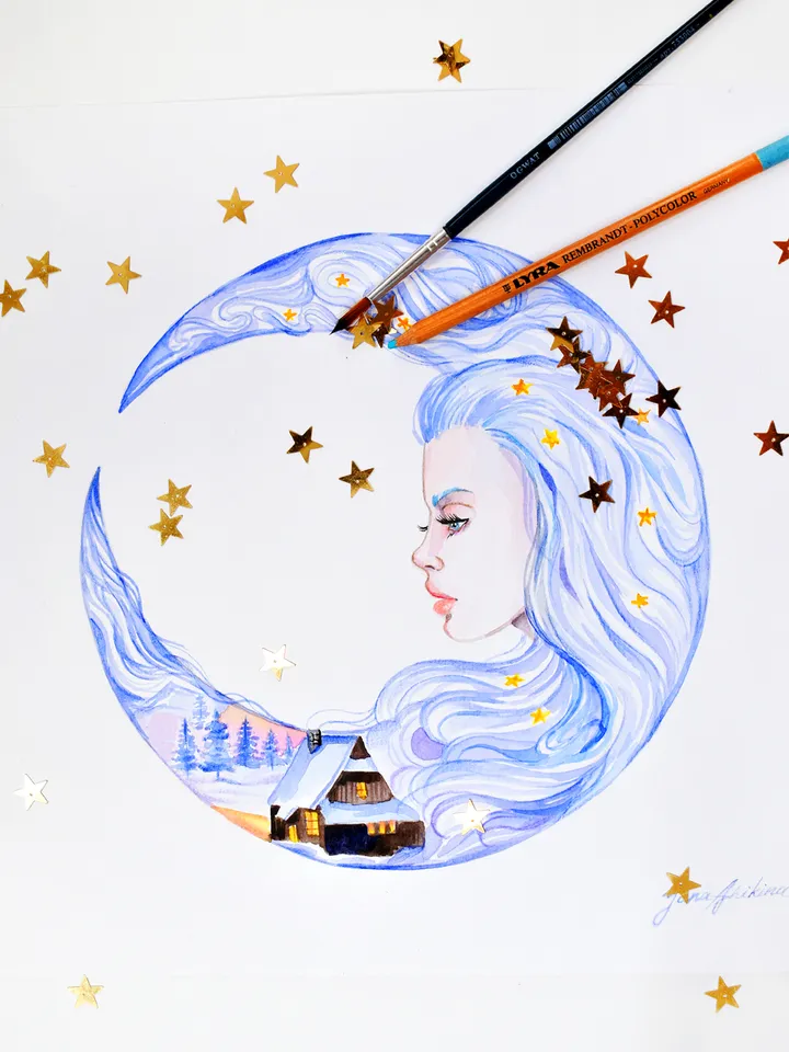 Moon Goddess Painting Moon Original Art Crescent Moon Watercolor Night Goddess Artwork