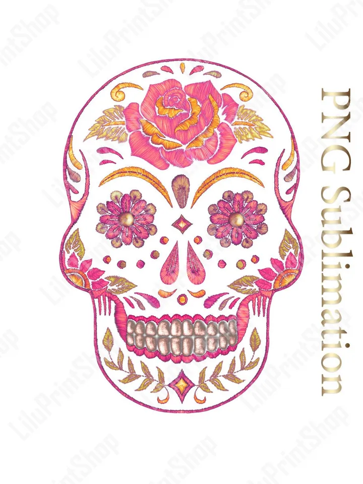 Sugar Skull sublimation png Candy Skull clipart of Faux embroidery Faux Applique Day of the dead Dia de los muertos Sugar Skull png clipart