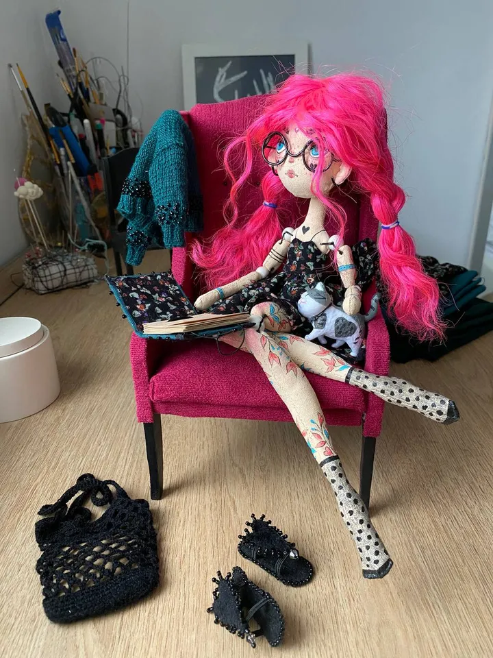 Librarian doll with pink hair and tattoo. Bookworm doll with cat