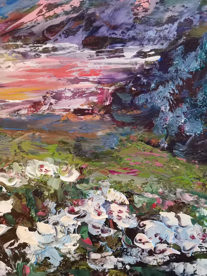 Lake Island Flowers Sunset Mountains Original Art Oil Painting impasto Artist Svinar Oksana