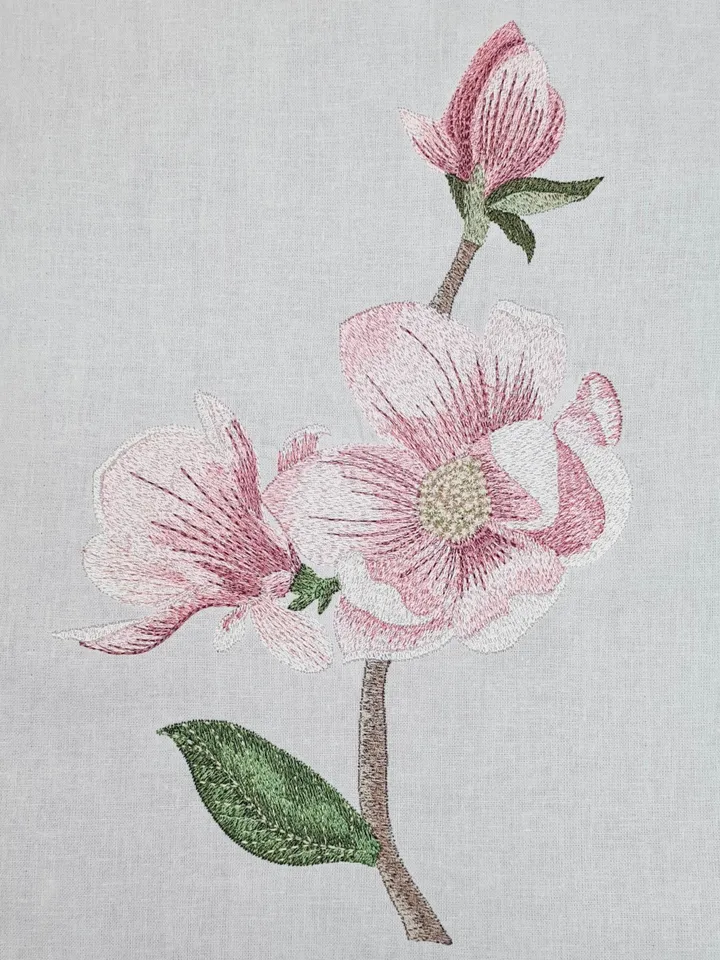 Magnolia twig in the technique of art embroidery machine embroidery design digital embroidery pattern