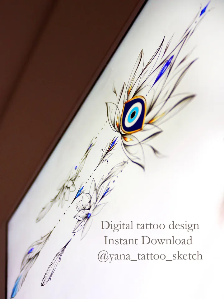 Evil Eye Tattoo Design Evil Eye Lotus Flower Tattoo Stencil Idea Sketch, Instant download PDF, JPG