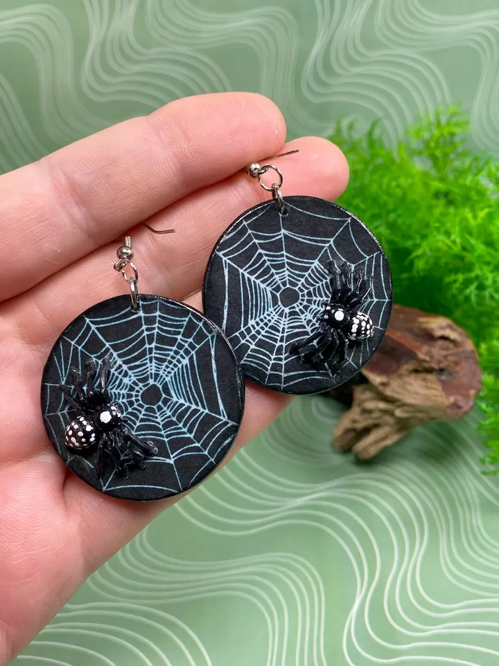 Earrings with spiders and cobwebs. Handmade.Author's design.