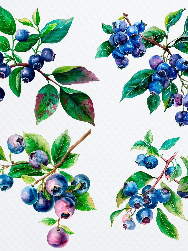 16 Blueberry PNG Clipart, Printable Watercolor Blueberry for sublimation, Blueberry Stem Print, Digital download, Paper craft, junk journals