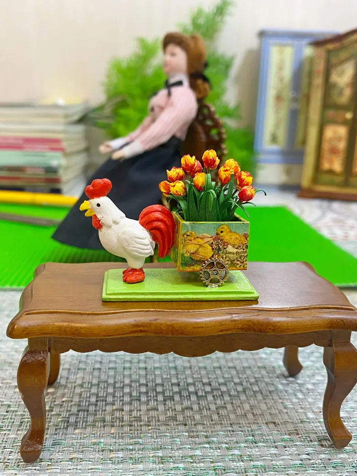 Easter miniature. Cockerel with a cart of tulips. 1:12.