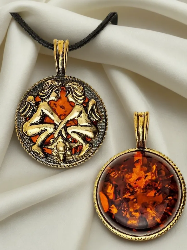 Twins Necklace Men and Women Zodiac Sign Amulet Pendant Round Locket Necklace Gold Black Brass Twins Amber jewelry Gemini gift for holiday birthday christmas jewelry