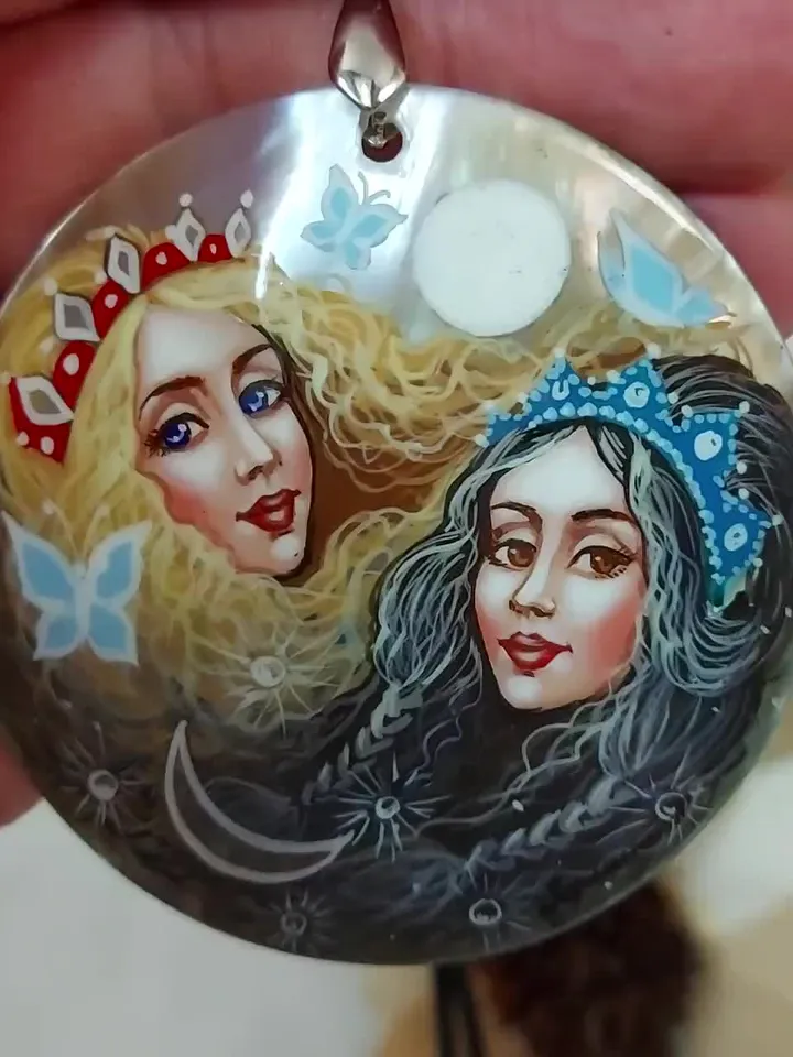 Pearl pendant necklace: Duality of Day and Night on elegant necklace. Eternity symbol on unique handmade pendant. Hand painted shell jewelry