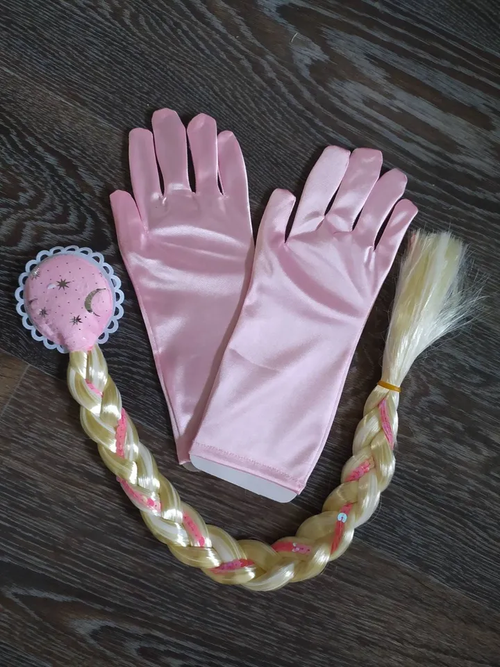 Children's satin gloves, pink, blue, a set of Elsa, Anna, frozen hair, festive set, festival gloves, artificial braid,ice gloves