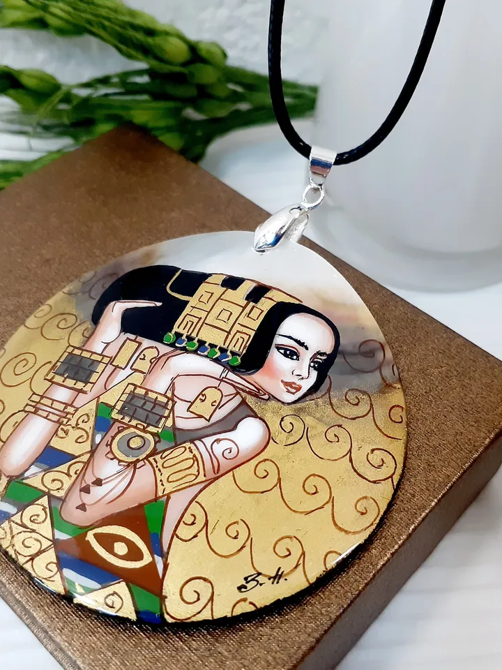 Klimt necklace "The Waiting" Gustav Klimt pendant Hand paint necklace pendant Hand painted miniature painting