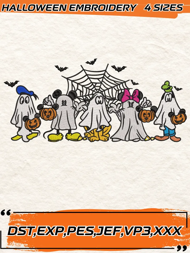 Ghost Micky Cartoon Ghost Friends Embroidery Design,Halloween Embroidery Design,4 Sizes,Digital Download