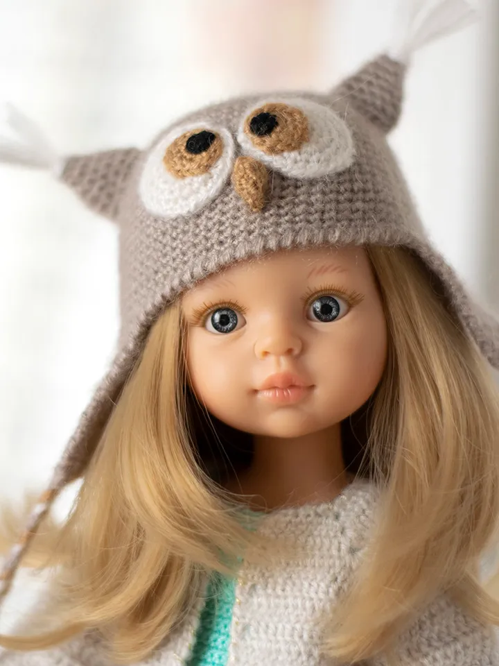 Crocheted Owl hat with ears for Paola Reina doll, Meadowdolls Dumplings, Little Darling, Siblies rrff for Halloween