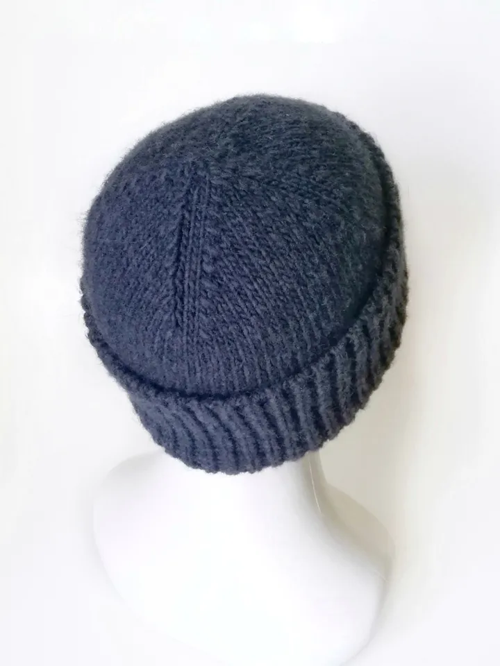 Handmade Alpaca Wool Seamless Blue Men's Winter Hat Warm and Cozy Handcrafted Knitwear, Fold-Up Cuff, Hand-Knit Beanie. FREE SHIPPING!