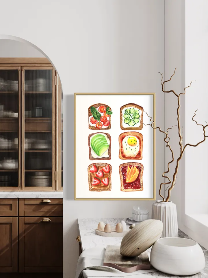 Food Poster Watercolor Painting Breakfast Art Print Kitchen Wall Decor Pop Food Art Avocado Toast Print Egg Wall Art Funny Gift Food Art