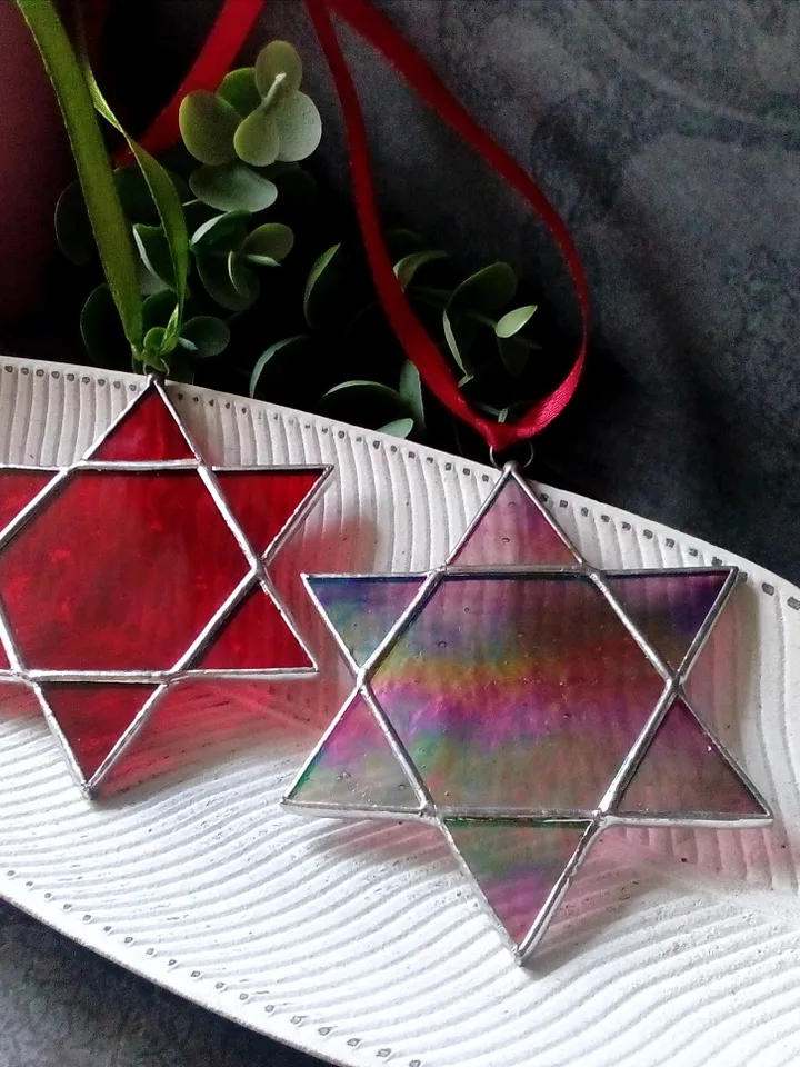 Set of 2 snowflake suncatchers, christmas ornaments, simple stained glass, Christmas decorations, Xmas tree star