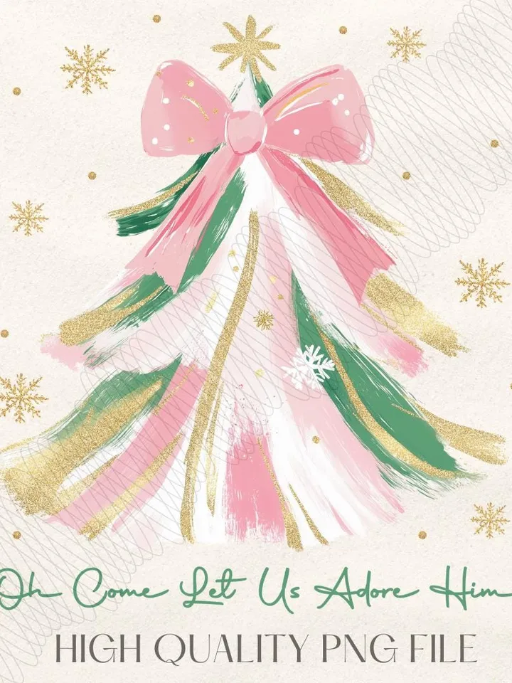 Oh Come Let Us Adore Him Png, Coquette Bow Christmas Tree Png,Christmas Jesus PNG,Watercolor Christian Christmas Png,Xmas Tree with Bow Png